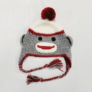 Handmade Crochet Sock Monkey Stocking Cap, Gray and Maroon